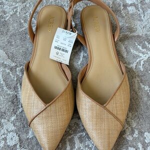 J. Crew Tan Raffia Pointed-Toe Slingback Flats with Leather Trim